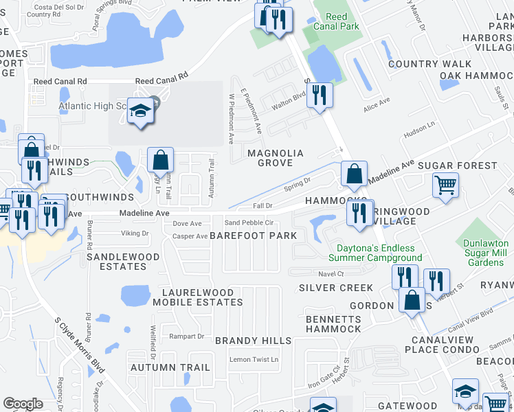 map of restaurants, bars, coffee shops, grocery stores, and more near 53 Fall Drive in Port Orange