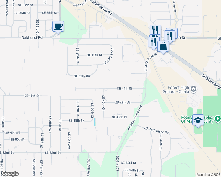 map of restaurants, bars, coffee shops, grocery stores, and more near Southeast 44th Street in Ocala