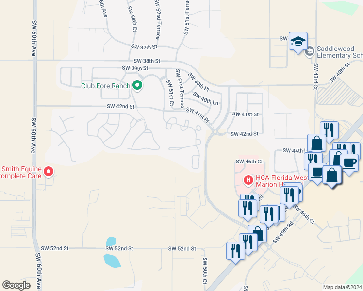 map of restaurants, bars, coffee shops, grocery stores, and more near 4966 Southwest 45th Circle in Ocala