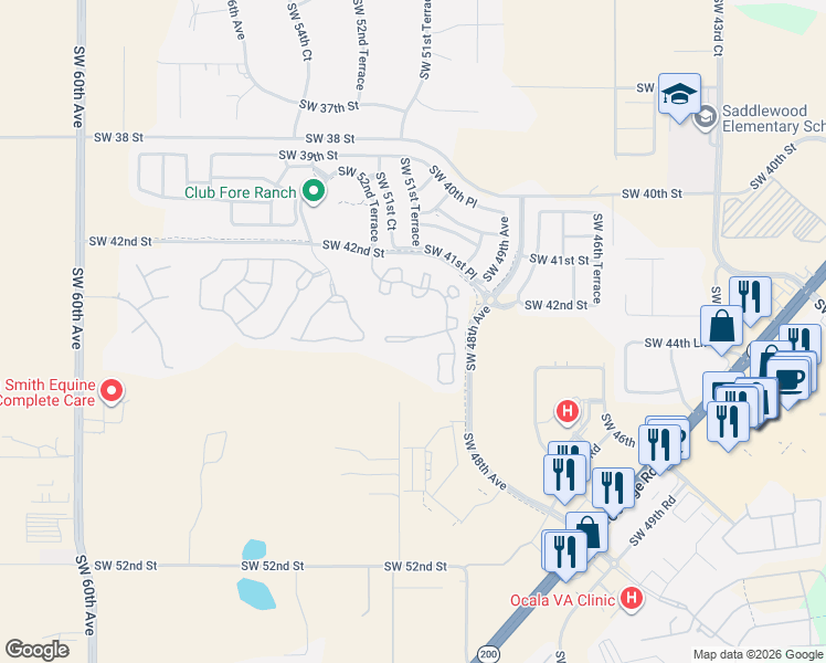map of restaurants, bars, coffee shops, grocery stores, and more near 4965 Southwest 45th Circle in Ocala