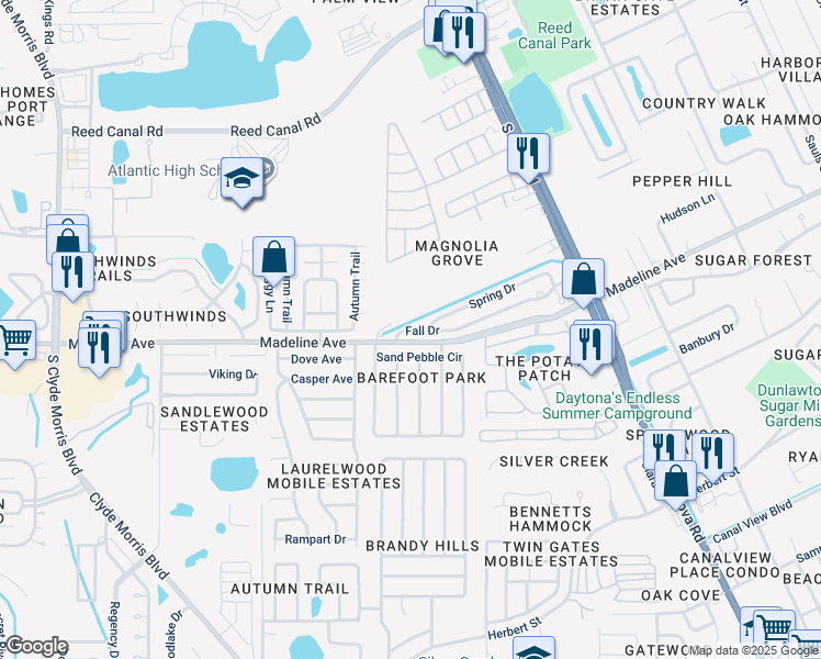 map of restaurants, bars, coffee shops, grocery stores, and more near 41 Fall Drive in Port Orange