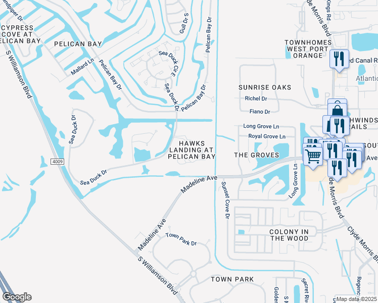 map of restaurants, bars, coffee shops, grocery stores, and more near 103 Bob White Court in Daytona Beach
