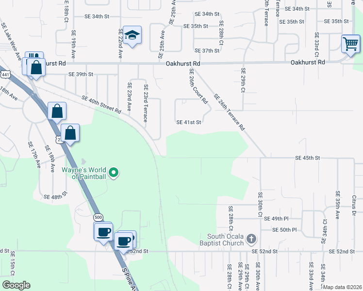 map of restaurants, bars, coffee shops, grocery stores, and more near 2551 Southeast 45th Street in Ocala
