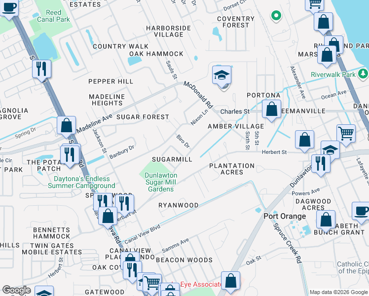 map of restaurants, bars, coffee shops, grocery stores, and more near 731 Biro Drive in Port Orange