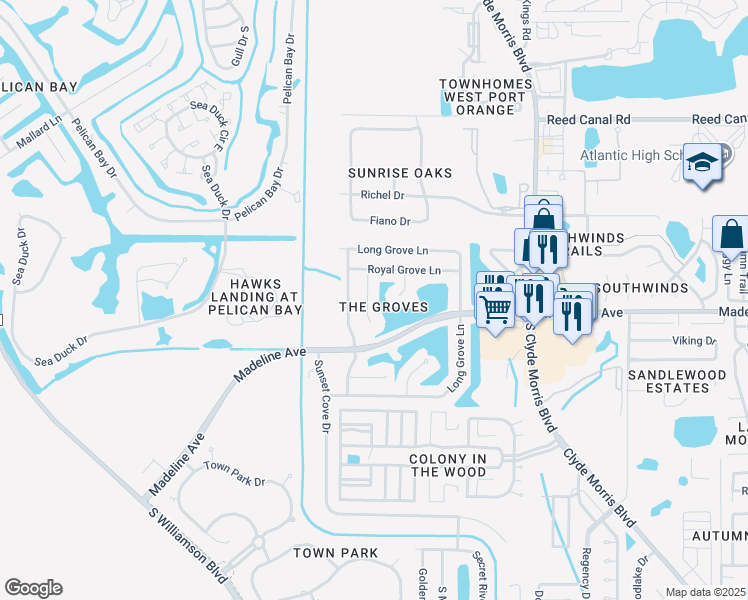 map of restaurants, bars, coffee shops, grocery stores, and more near 3782 Maple Grove Court in Port Orange