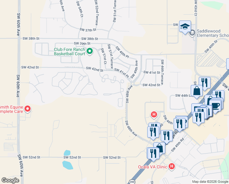 map of restaurants, bars, coffee shops, grocery stores, and more near 4971 Southwest 45th Street in Ocala