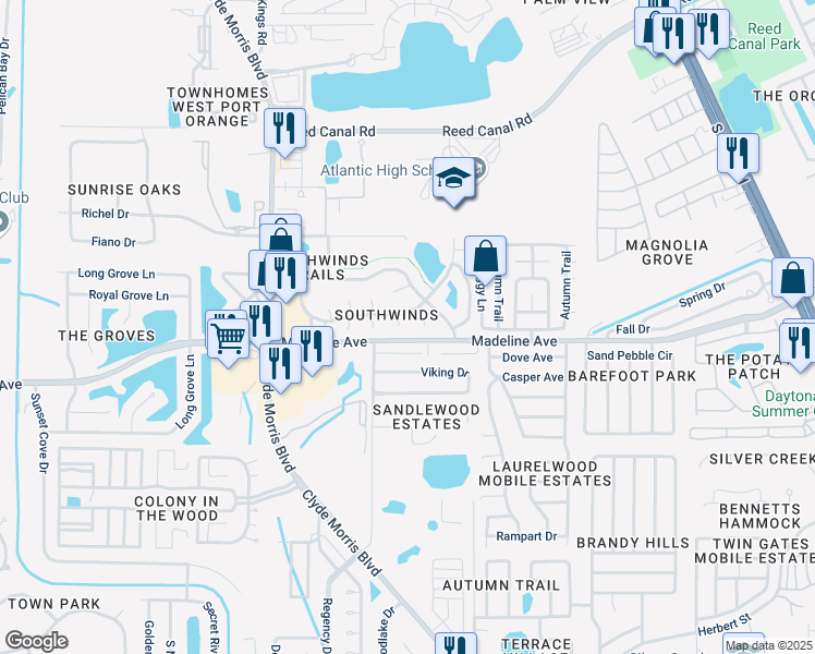 map of restaurants, bars, coffee shops, grocery stores, and more near 1152 Ashland Court in Port Orange