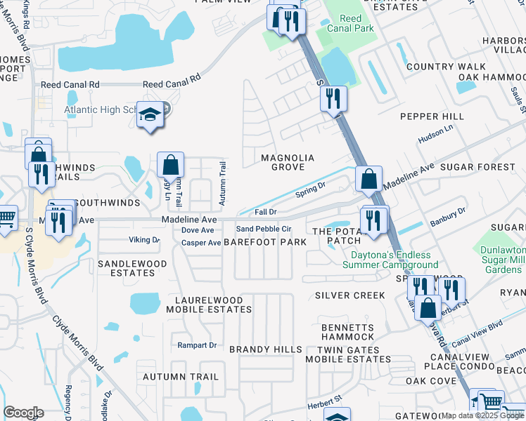 map of restaurants, bars, coffee shops, grocery stores, and more near 41 Fall Drive in Port Orange