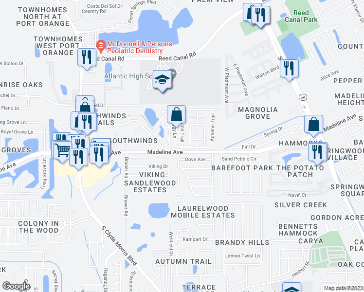 map of restaurants, bars, coffee shops, grocery stores, and more near 481 Autumn Trail in Port Orange