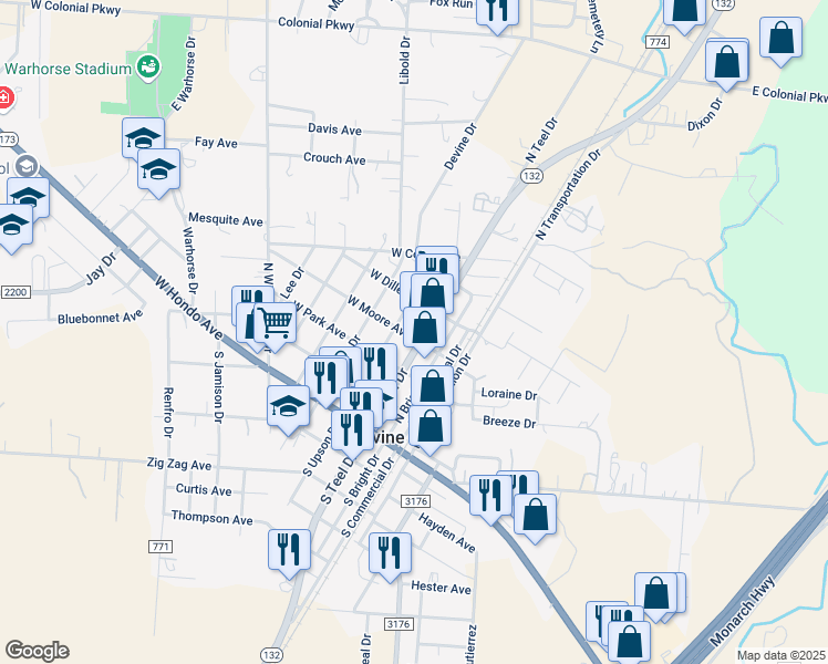 map of restaurants, bars, coffee shops, grocery stores, and more near 106 West Moore Avenue in Devine