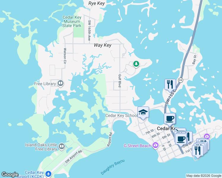 map of restaurants, bars, coffee shops, grocery stores, and more near 1351 Paroda Avenue in Cedar Key