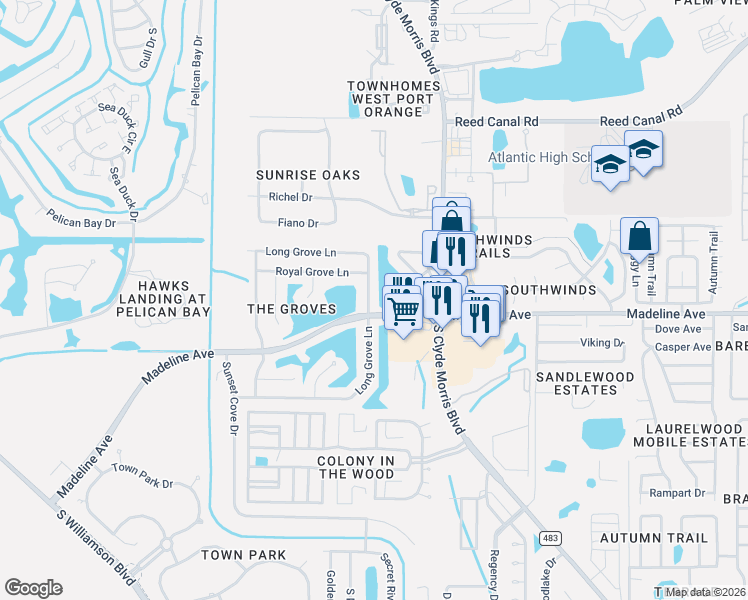 map of restaurants, bars, coffee shops, grocery stores, and more near 3796 Long Grove Lane in Port Orange