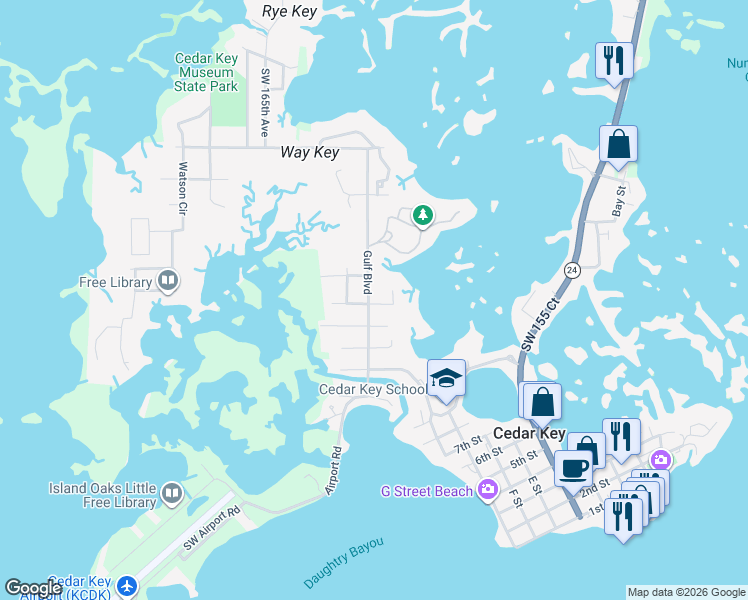 map of restaurants, bars, coffee shops, grocery stores, and more near 1167 Gulf Boulevard in Cedar Key