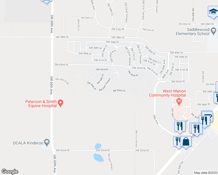 map of restaurants, bars, coffee shops, grocery stores, and more near 4550 Southwest 52nd Circle in Ocala