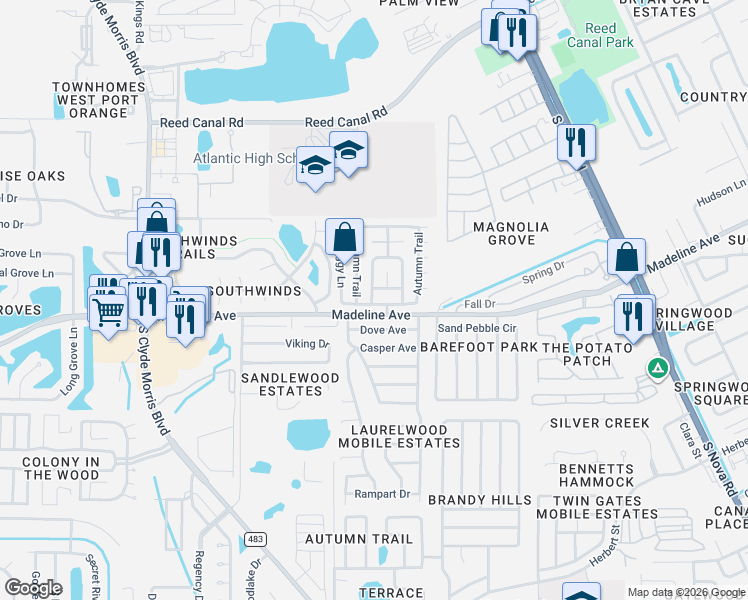 map of restaurants, bars, coffee shops, grocery stores, and more near 363 Autumn Trail in Port Orange