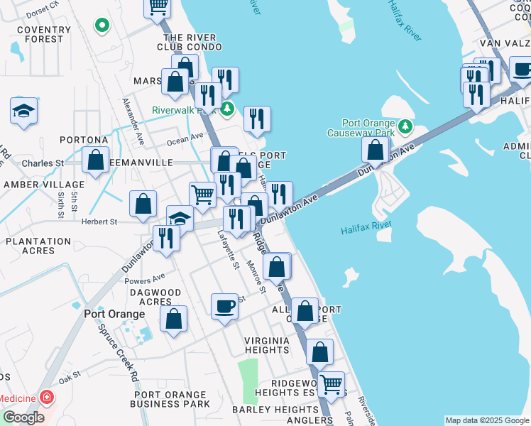 map of restaurants, bars, coffee shops, grocery stores, and more near 109 Dunlawton Avenue in Port Orange