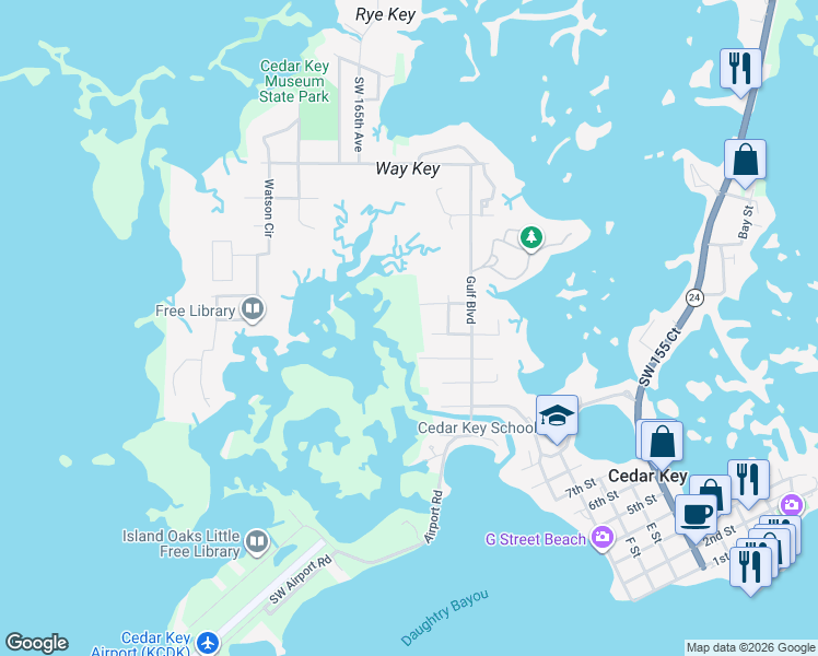 map of restaurants, bars, coffee shops, grocery stores, and more near 16491 Paroda Avenue in Cedar Key