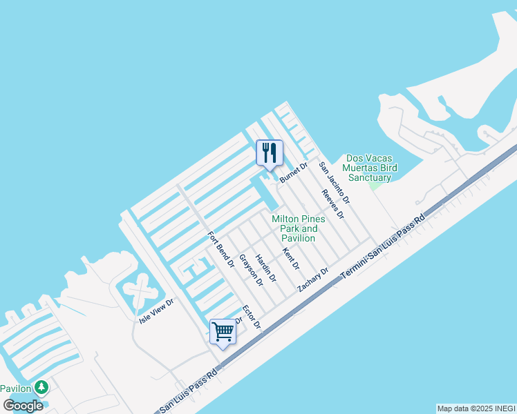 map of restaurants, bars, coffee shops, grocery stores, and more near 21802 Lampasas Drive in Galveston
