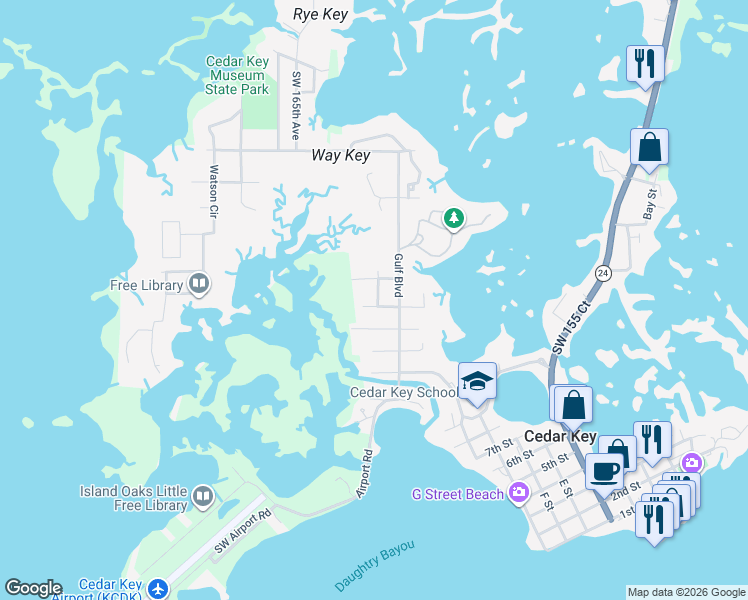 map of restaurants, bars, coffee shops, grocery stores, and more near 1351 Paroda Avenue in Cedar Key