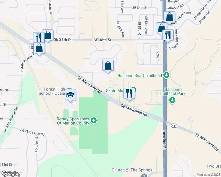 map of restaurants, bars, coffee shops, grocery stores, and more near 4440 Southeast 53rd Avenue in Ocala