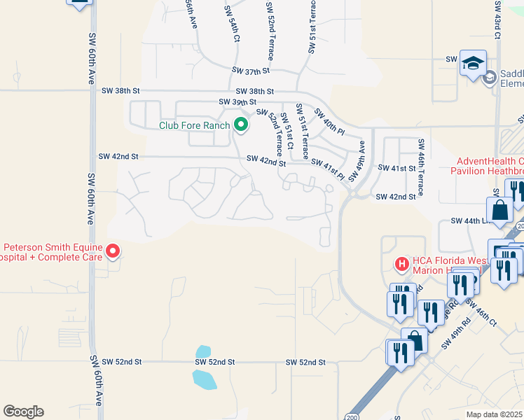 map of restaurants, bars, coffee shops, grocery stores, and more near 4525 Southwest 52nd Circle in Ocala