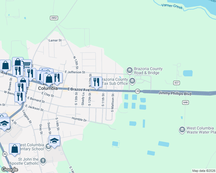 map of restaurants, bars, coffee shops, grocery stores, and more near 900 East Brazos Avenue in West Columbia
