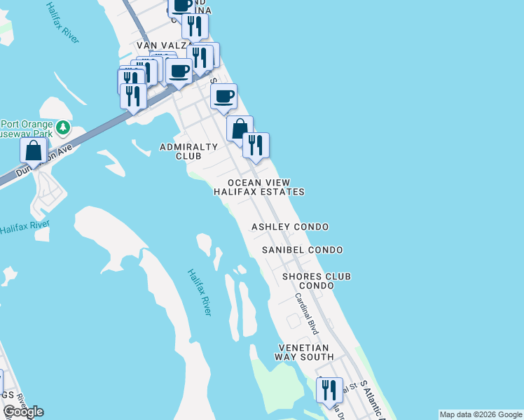map of restaurants, bars, coffee shops, grocery stores, and more near 3742 South Atlantic Avenue in Daytona Beach Shores