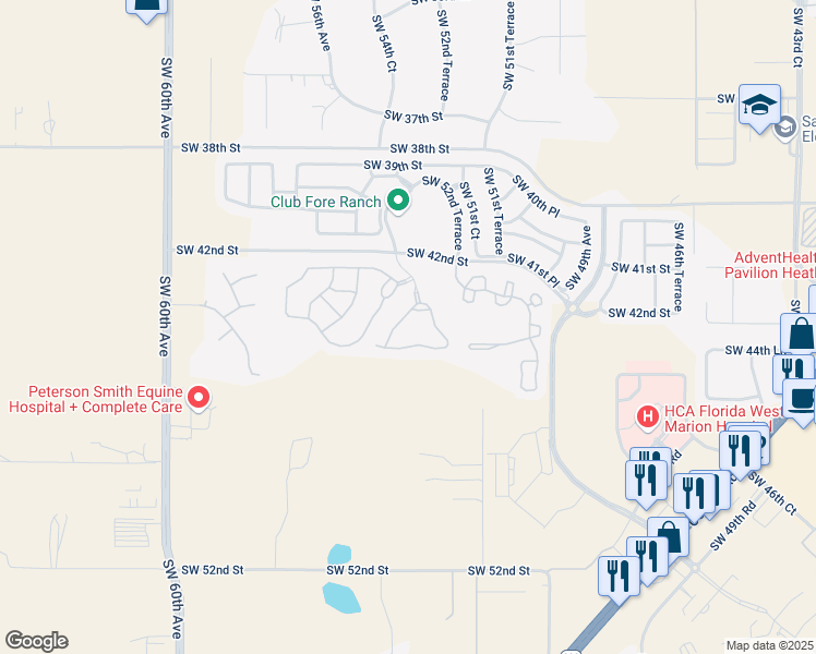 map of restaurants, bars, coffee shops, grocery stores, and more near 4525 Southwest 52nd Circle in Ocala
