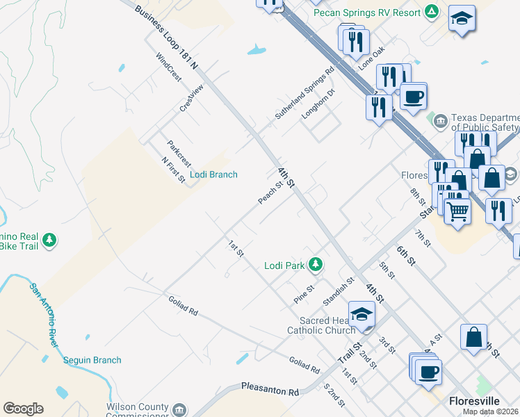 map of restaurants, bars, coffee shops, grocery stores, and more near 1012 Peach Street in Floresville