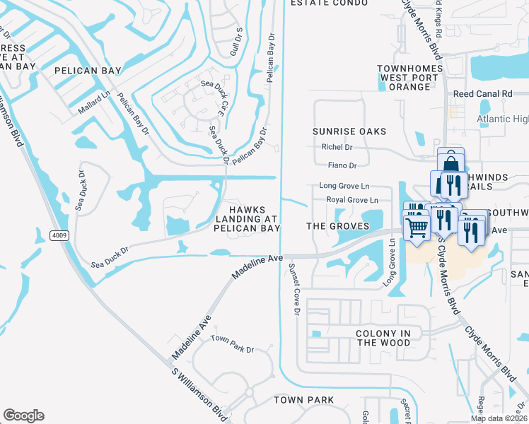 map of restaurants, bars, coffee shops, grocery stores, and more near 245 Bob White Court in Daytona Beach