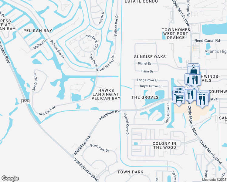 map of restaurants, bars, coffee shops, grocery stores, and more near 245 Bob White Court in Daytona Beach