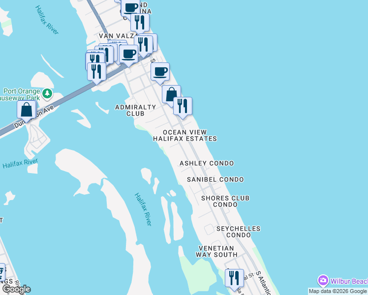 map of restaurants, bars, coffee shops, grocery stores, and more near 3742 South Atlantic Avenue in Daytona Beach Shores
