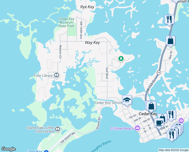 map of restaurants, bars, coffee shops, grocery stores, and more near 16491 Paroda Avenue in Cedar Key