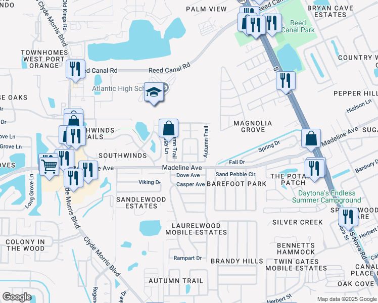 map of restaurants, bars, coffee shops, grocery stores, and more near 437 Blue Sky Drive in Port Orange