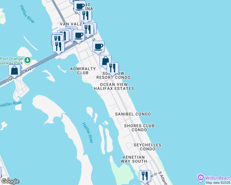 map of restaurants, bars, coffee shops, grocery stores, and more near 3717 South Atlantic Avenue in Daytona Beach Shores
