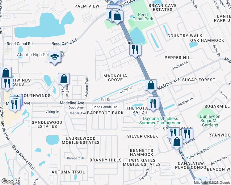 map of restaurants, bars, coffee shops, grocery stores, and more near 39-199 Spring Dr in Port Orange