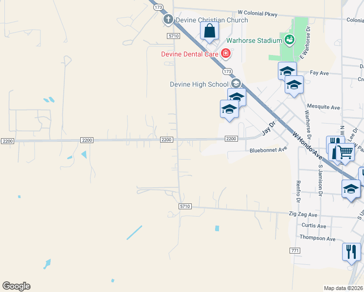 map of restaurants, bars, coffee shops, grocery stores, and more near 591 Farm to Market 2200 in Devine