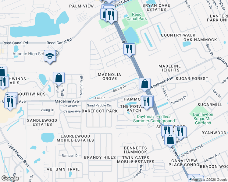 map of restaurants, bars, coffee shops, grocery stores, and more near 39-199 Spring Drive in Port Orange