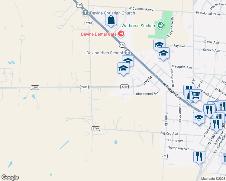 map of restaurants, bars, coffee shops, grocery stores, and more near 475 Farm to Market 2200 in Devine