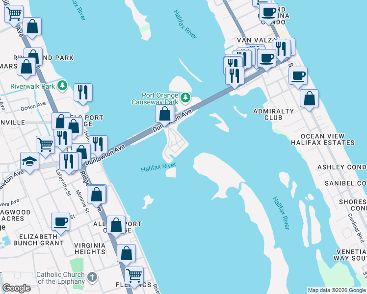 map of restaurants, bars, coffee shops, grocery stores, and more near 39 Circle Drive in Port Orange