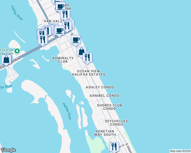 map of restaurants, bars, coffee shops, grocery stores, and more near 3717 South Atlantic Avenue in Daytona Beach Shores