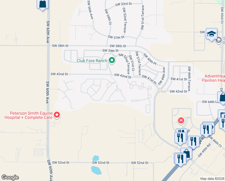 map of restaurants, bars, coffee shops, grocery stores, and more near 4570 Southwest 52nd Circle in Ocala