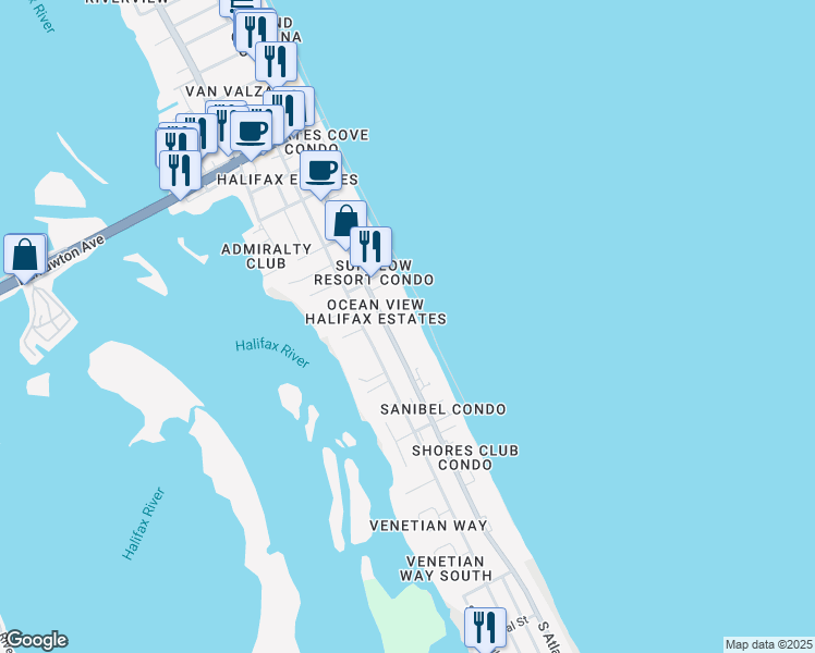 map of restaurants, bars, coffee shops, grocery stores, and more near 3717 South Atlantic Avenue in Daytona Beach Shores