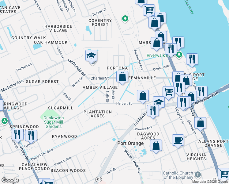 map of restaurants, bars, coffee shops, grocery stores, and more near 736 5th Street in Port Orange