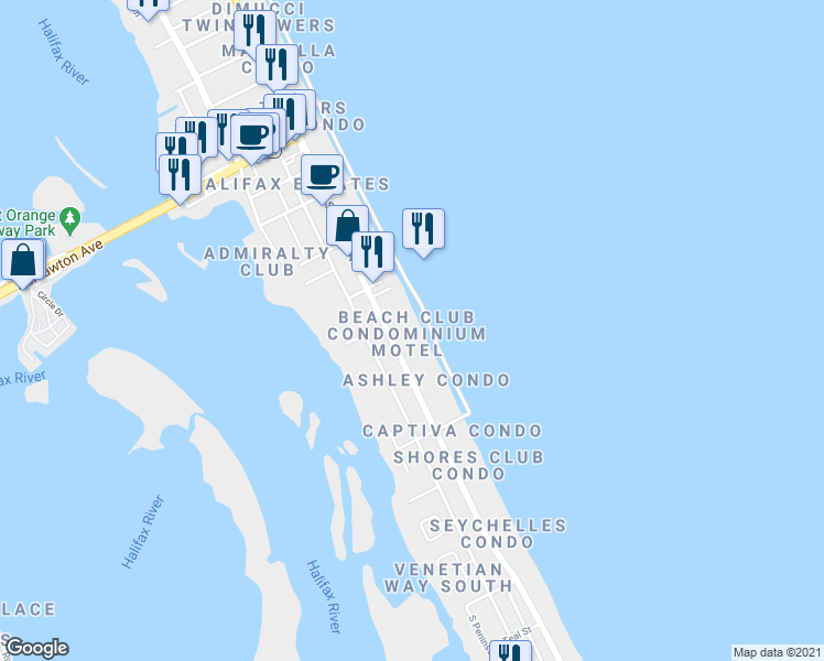 map of restaurants, bars, coffee shops, grocery stores, and more near 3727 South Atlantic Avenue in Daytona Beach Shores