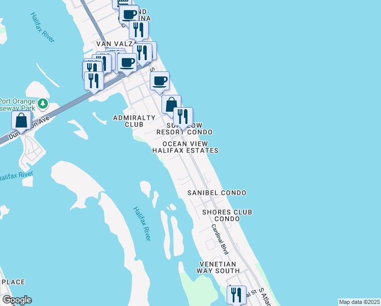 map of restaurants, bars, coffee shops, grocery stores, and more near 3717 South Atlantic Avenue in Daytona Beach Shores