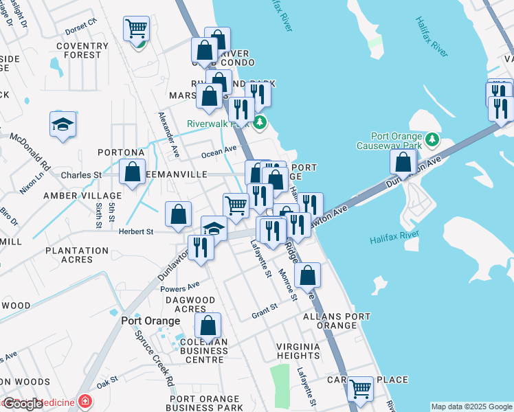 map of restaurants, bars, coffee shops, grocery stores, and more near 213 Herbert Street in Port Orange