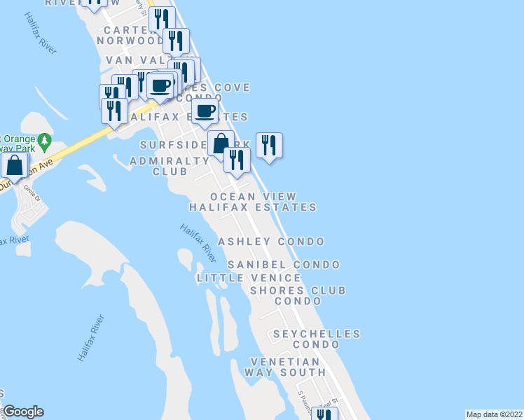 map of restaurants, bars, coffee shops, grocery stores, and more near 3727 South Atlantic Avenue in Daytona Beach Shores