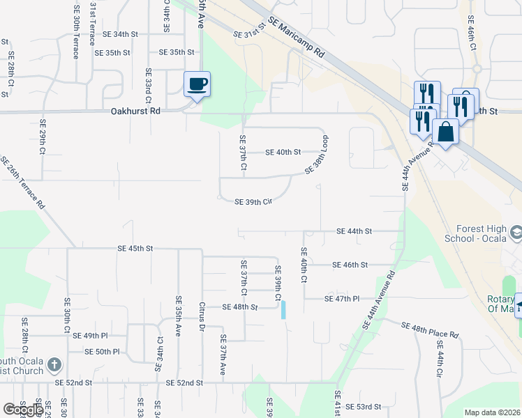 map of restaurants, bars, coffee shops, grocery stores, and more near 4080 Southeast 39th Circle in Ocala