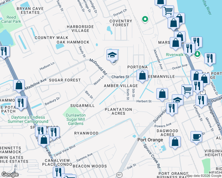 map of restaurants, bars, coffee shops, grocery stores, and more near 723 Old Sugar Mill Road in Port Orange